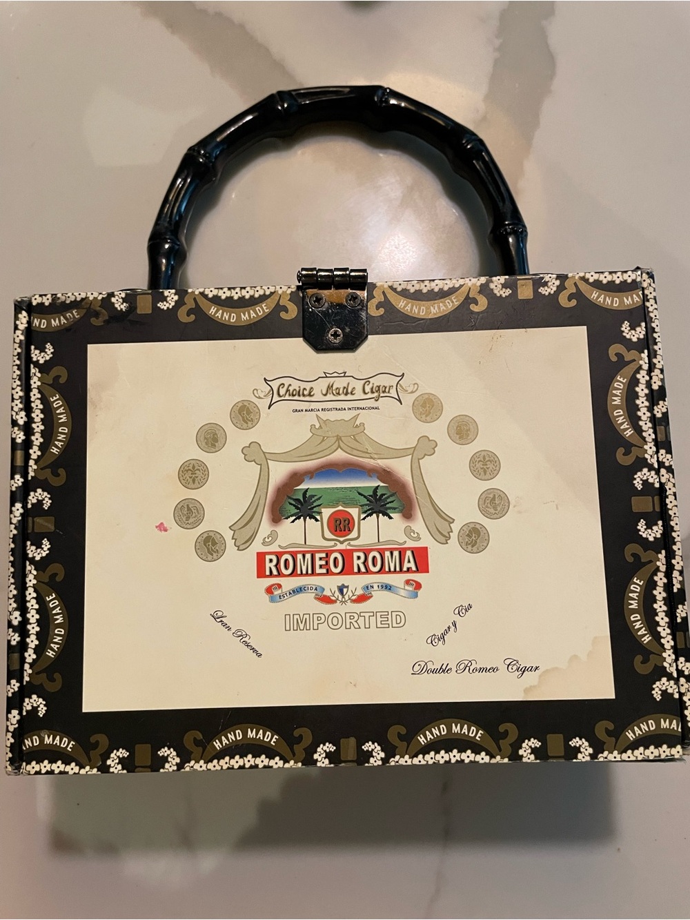 Mini Cigar Box Handbag in Cream and Black with Bamboo-Style Handle